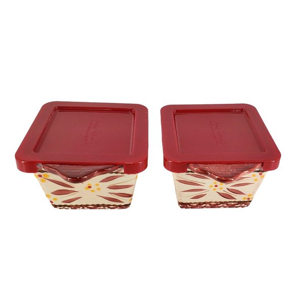 Temptations Set/2 Old World Cranberry Ramekins w/Lids Baking Ovenware Leftovers - Picture 7 of 11